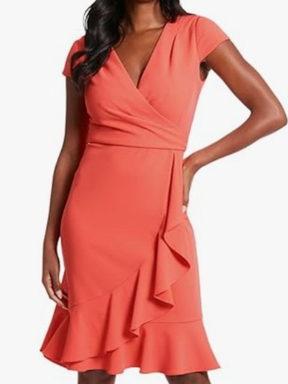 London Times Hot Coral Surplice Faux Wrap Ruffle Sheath Dress 10 NWT